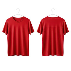 Two red t-shirts hanging on hangers side by side