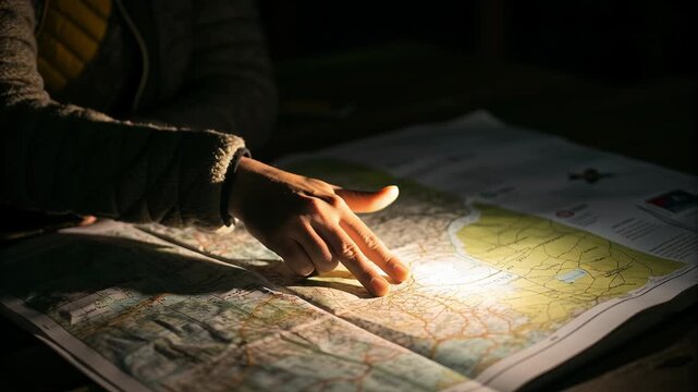 Hand touching interactive tablet map glowing streets concept. Person exploring a detailed map with finger pointing on travel planning and adventure concept