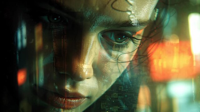 Hand touching interactive tablet map glowing streets concept. Close up artistic portrait of a thoughtful woman with city lights reflection in a moody atmosphere