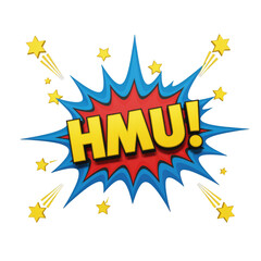 A vibrant comic-style explosion with the text hmu surrounded by stars isolated on white background