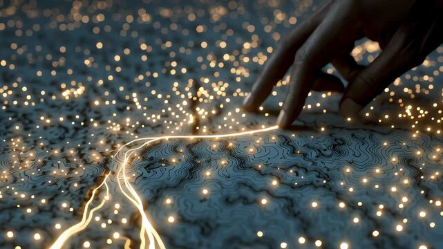 Hand touching interactive tablet map glowing streets concept. Futuristic human hand interacting with glowing digital data streams and complex technology network