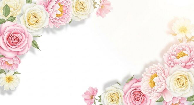 Soft pastel floral border with pink white roses and peonies on white background mothers day background download 2026 2027