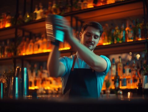 A bartender in a blue shirt, apron vigorously shakes a cocktail mixer with blurred motion. Background features shelves of liquor bottles illuminated by warm, ambient bar lighting.
