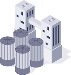 Isometric industrial factory building with storage silos