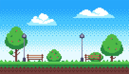 Pixel art park landscape with trees and benches © Tartila