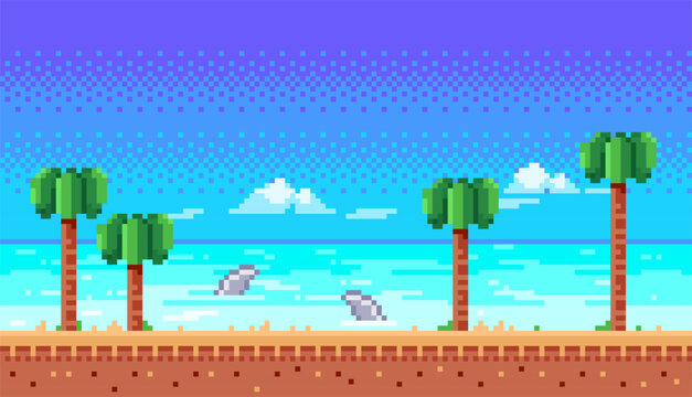 Pixel art tropical beach scene with jumping dolphins