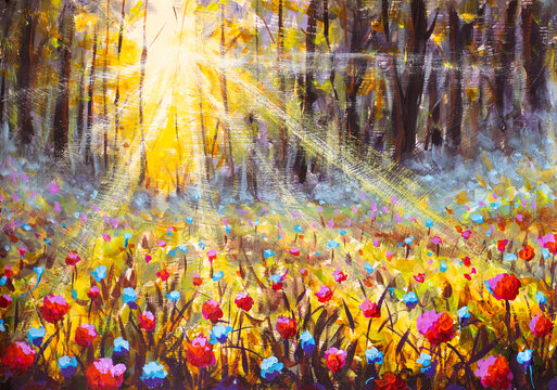 Sunlight streaming through forest trees onto colorful wildflowers