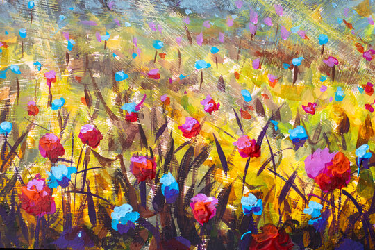 Abstract field of colorful wildflowers blooming in nature