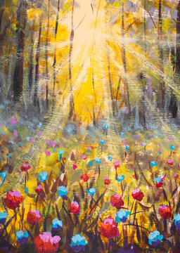 Forest clearing with vibrant wildflowers and sunbeams