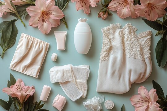 soft pastel flat lay of lace camisole, underwear, reusable cloth pads and disposable pads, lotion bottle, cream tube, soap and pink flowers conveying calm feminine self-care