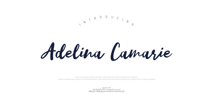 Adelina Camarie, Script typography beauty fashion elegant minimalist serif italic fonts decorative wedding vintage retro logos. Minimal luxury font alphabet logo. Vector illustration
