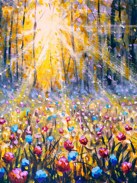 Impressionistic painting showing forest sunlight and wildflowers