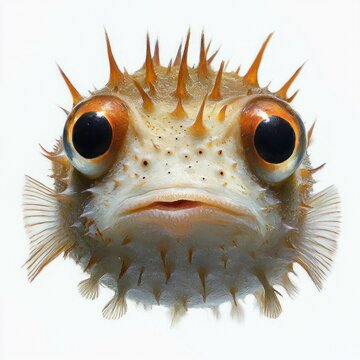 inflated spiky pufferfish facing camera with wide orange eyes and small puckered mouth, curious startled expression