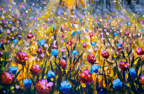 Abstract painting depicting colorful blooming wildflowers in a summer field