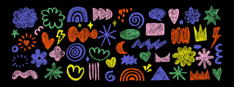Abstract crayon doodle grunge scribble set. Modern childish hand drawn elements. Vector isolated chalkboard illustration. Geometric shapes background