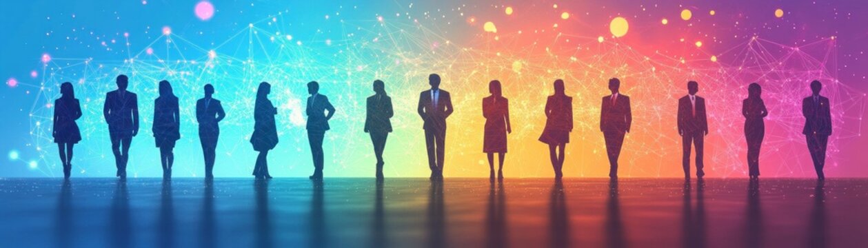 Row of professional silhouettes standing confidently on a reflective floor against a colorful digital network background conveying unity and futuristic collaboration