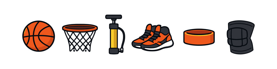 Collection of basketball and sports equipment, including ball, hoop, pump, shoes, and knee pads