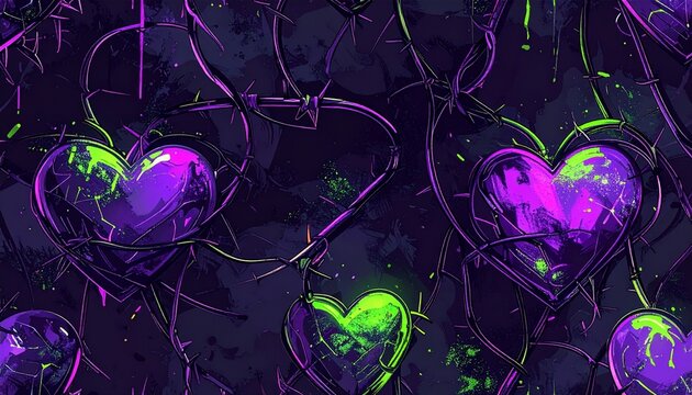graffiti thorn heart pattern seamless emo neon purple green background