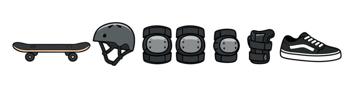 Skateboard and protective gear set including helmet, knee pads, elbow pads, and shoes
