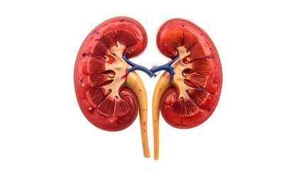 A halved red kidney anatomical model showing internal structure on a white background