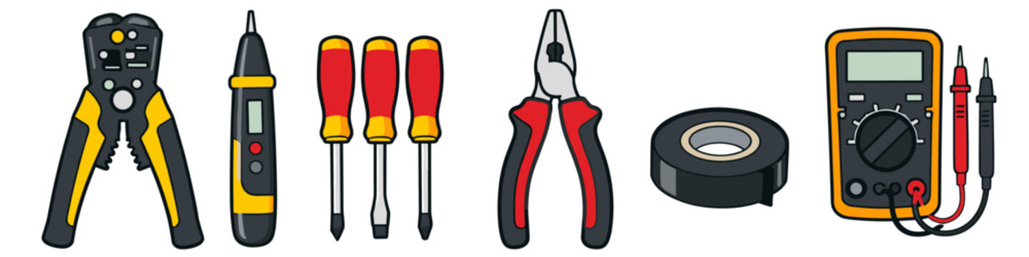 Collection of electrical tools including wire strippers, screwdrivers, pliers, tape, and multimeter