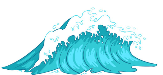 Blue ocean wave splashing with white foam