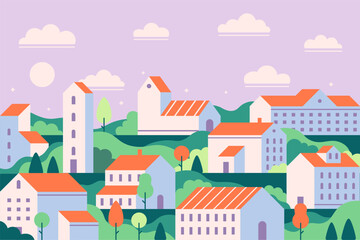 Village cityscape with houses on rolling hills