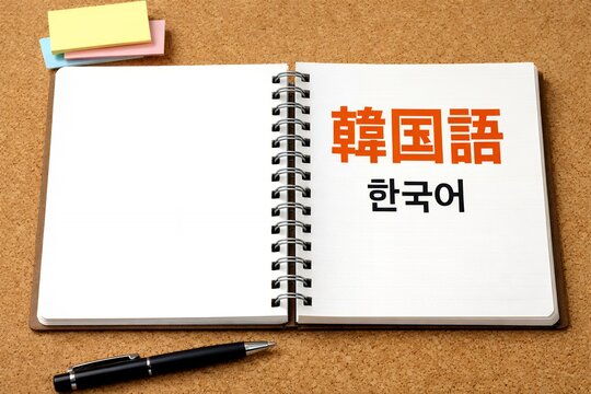 韓国語学習のイメージでノートの右ページにオレンジ色の韓国語とハングルの文字がある写真