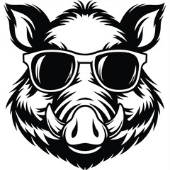 Obraz premium Front view of cool wild boar head with sunglasses is outlined in black