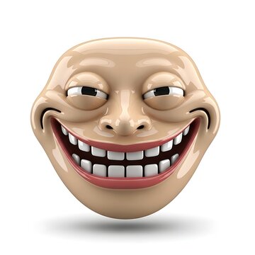A mischievous 3D rendered troll face with a wide, exaggerated grin and squinting eyes expresses cunning, playful humor, and trickery.