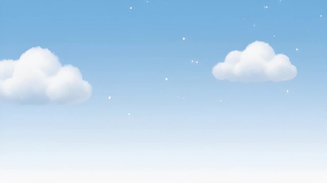 Serene blue sky with fluffy white clouds and delicate snow particles