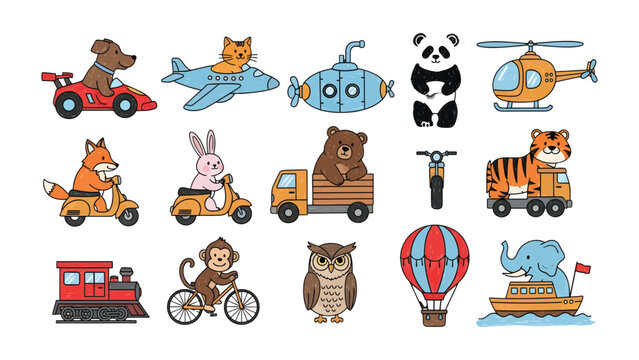 Whimsical Animal Transportation: A playful collection of charming cartoon animals embarking on exciting journeys, each navigating a unique mode of transportation, sparking joy and wonder.