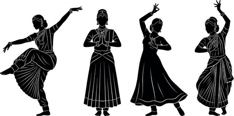 Set of Indian classical dancer silhouettes in traditional poses representing Bharatanatyam and Kathak dance forms with expressive mudras and cultural ethnic costumes