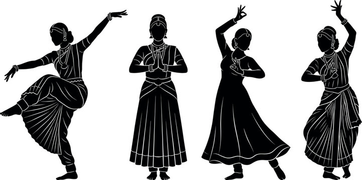 Set of Indian classical dancer silhouettes in traditional poses representing Bharatanatyam and Kathak dance forms with expressive mudras and cultural ethnic costumes