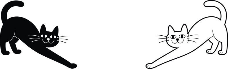 Black silhouette and line art of a cute cat stretching its body, feline yoga pose icons, isolated vector illustration set © Hello World