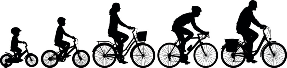 Fototapeta premium Silhouette set of people of different ages riding bicycles from childhood to senior age representing life cycle growth evolution and healthy lifestyle