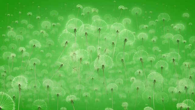 A field of white dandelion seed heads against a vibrant green background