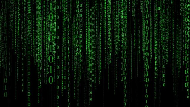 Green matrix binary code rain for cybersecurity presentations, hacking scenes, and programming content. Classic digital code effect seamless loop. Ultra HD 4K quality.