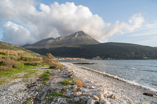 View of Neo Oitylo coastal village, it is located in Mani, Laconia, Greece, sunset