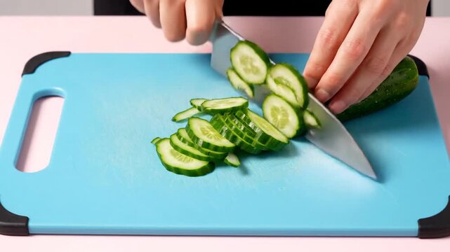 Hands cutting cucumber on blue board