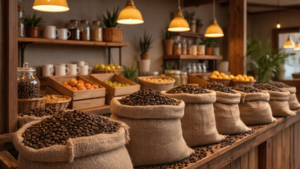 Fototapeta premium Coffee beans in burlap sacks at a market or cafe