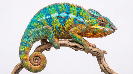 Vibrant chameleon perched on driftwood branch showcasing colorful scales