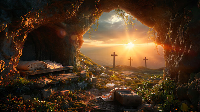 Empty tomb of Jesus at sunrise with three crosses on hill, resurrection of Christ religious background for Easter Sunday.
