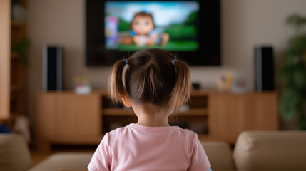 Little girl watching cartoons on television at home, back view. Concept of screen time for children, digital parenting, home entertainment and media consumption