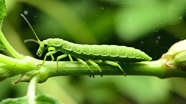 Green insect on green stem macro photography