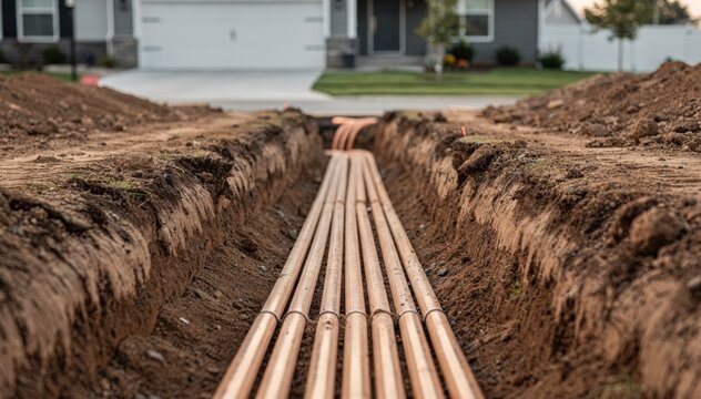 Installation of underground conduit ducts in a suburban subdivision emphasizing conduit alignment with homes softly blurred in the background.