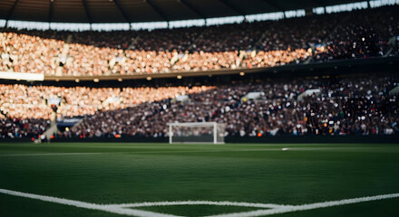 Packed soccer stadium with excited crowd in vibrant colors under bright lighting for sports event