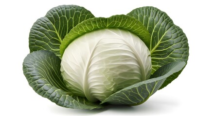 Fototapeta premium Fresh cabbage head displayed with vibrant green leaves and crisp white interior