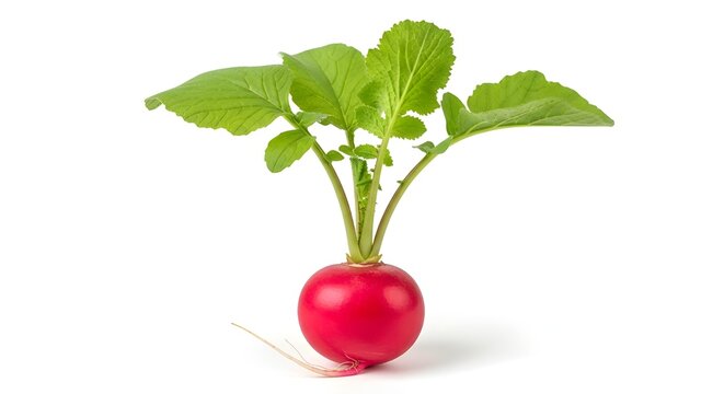 Fresh radish plant with green leaves and red bulbous root growing in soil