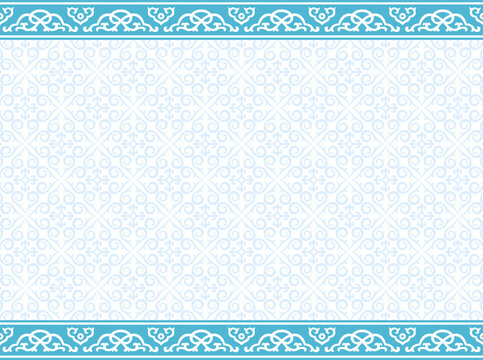 Seamless blue ornamental pattern and borders. Buryatian, Mongolian ethnic style. 